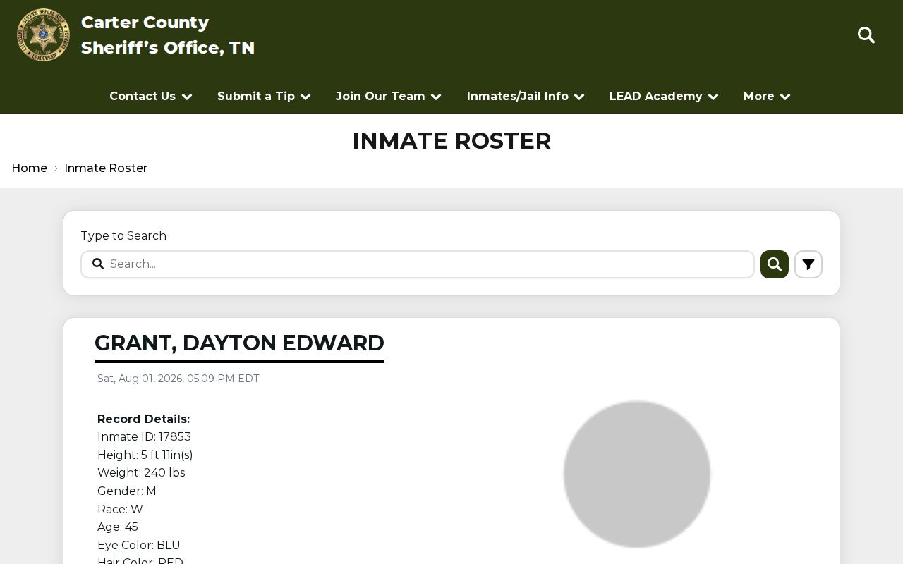 Carter County current inmate roster with booking photos, not released-inmate mugshots
