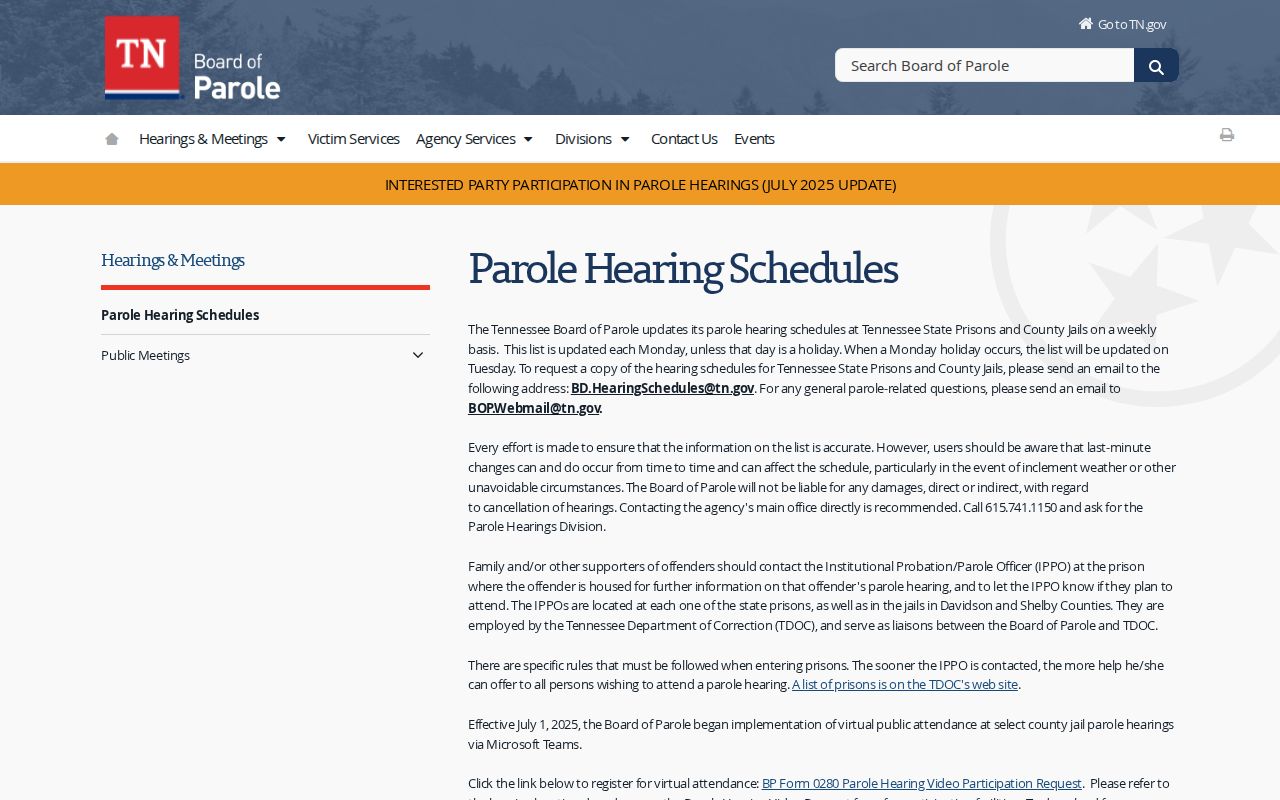 Tennessee parole hearing schedules used for Carter County post-release supervision checks