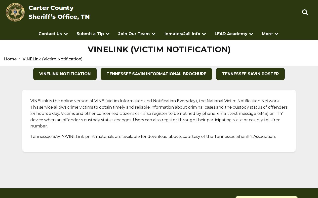 Carter County VINE guidance for checking custody changes within a 72-hour release range