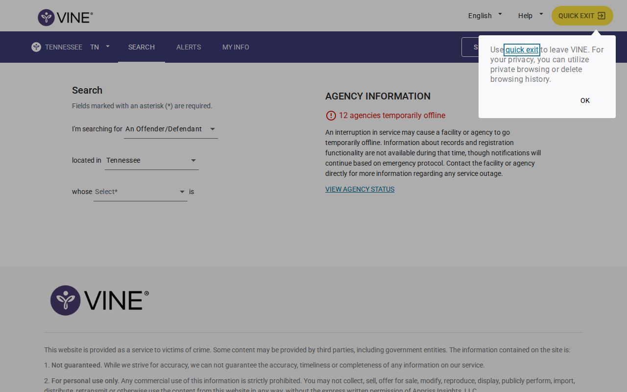 Tennessee VINE inmate search used for Carter County release checks